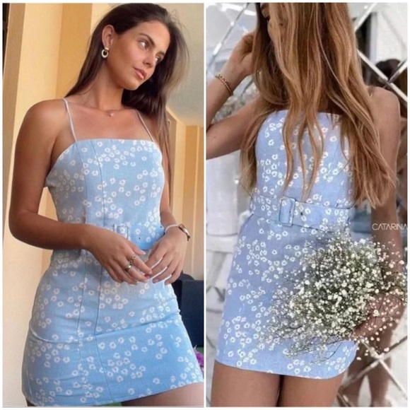 Zara Dresses & Skirts - Zara Light Blue White Floral Linen Blend Mini Dress